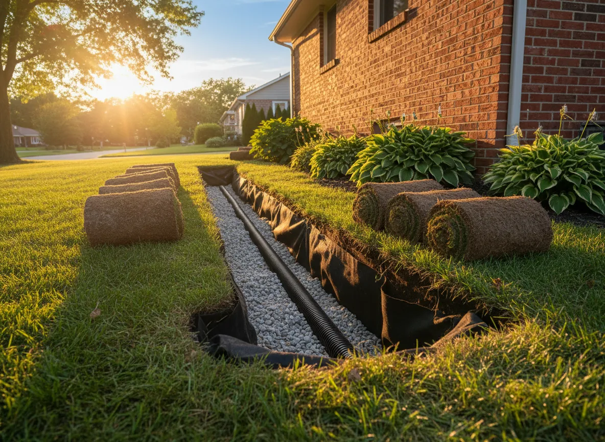 Perforated drain pipe laid in a gravel trench beside a brick house, with sod rolled back to be relaid