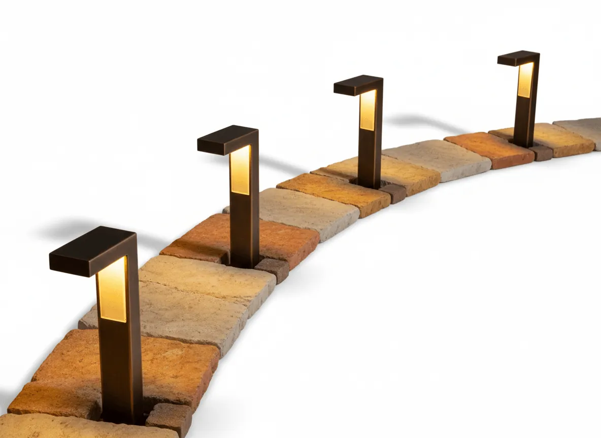 Professional landscape lighting illuminating a walkway and garden