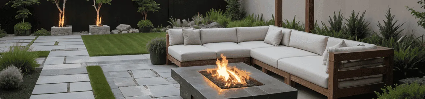 Gray paver patio with a square fire table, outdoor sectional and lit planters